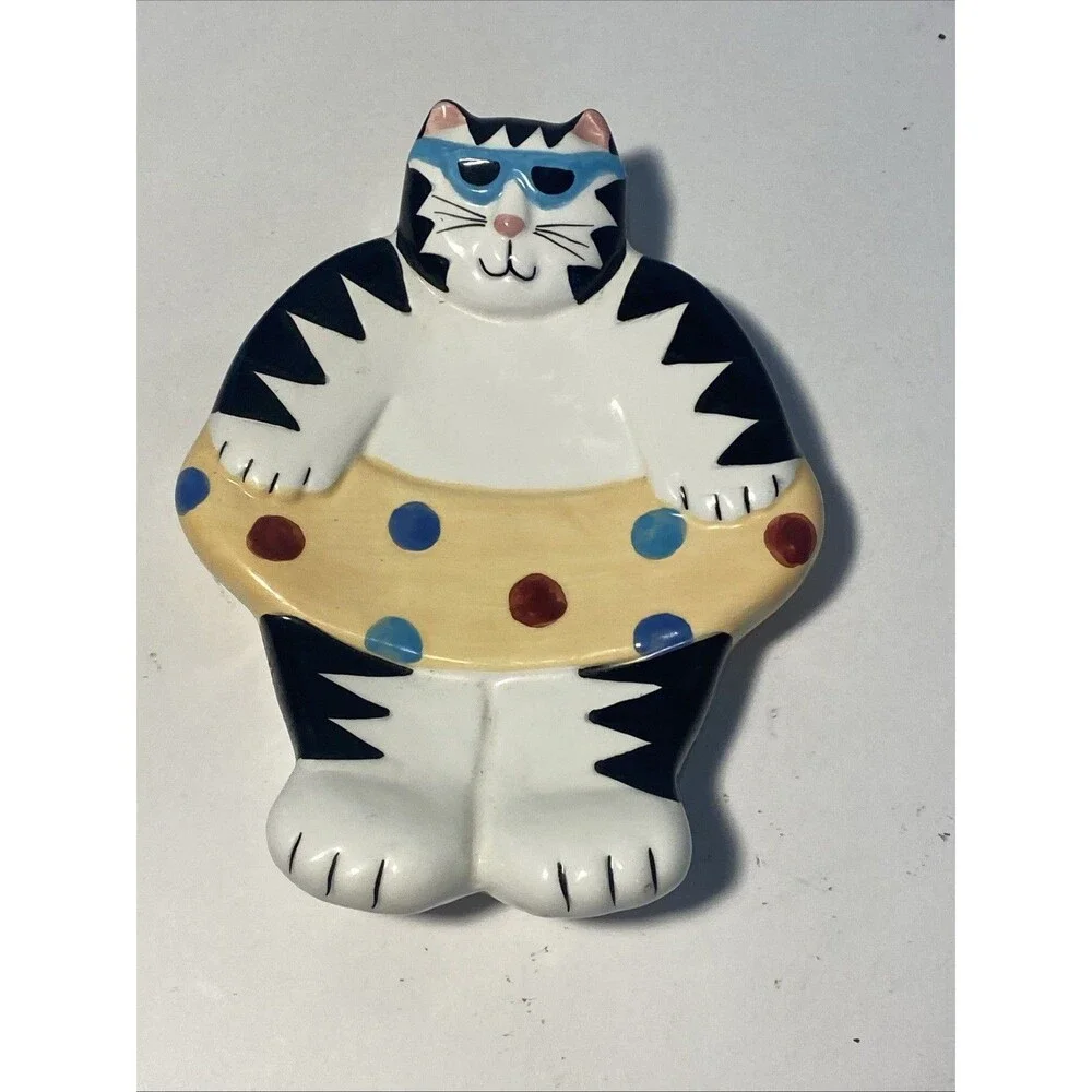 VTG  1994 Coco Dowley Bar Soap Dish White Cat Black Stripe Tube Kitty